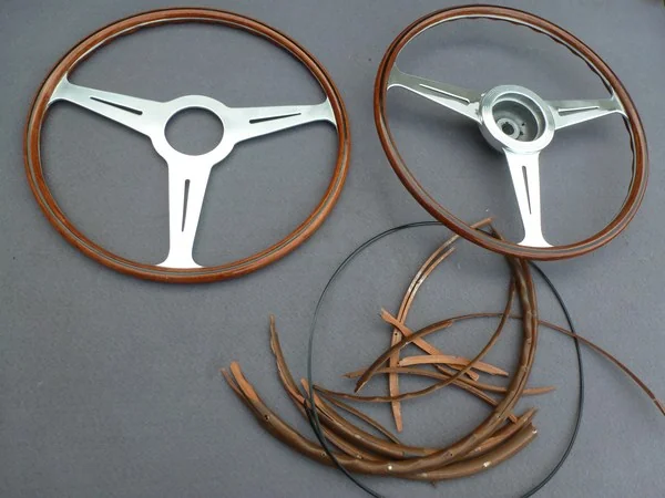 Vintage steering wheel restoration with walnut veneer